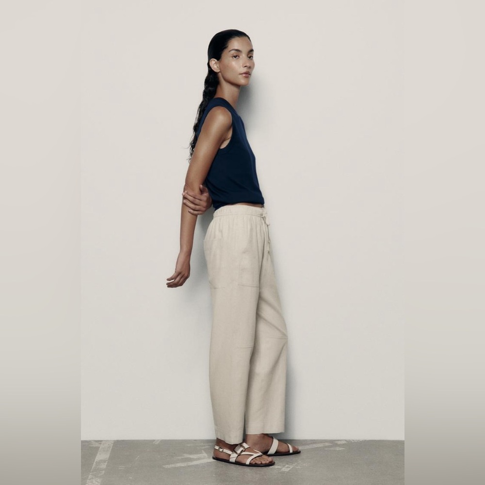 Zara Carrot Fit Linen Blend Drawstring Trousers